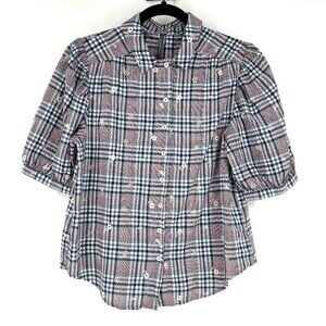 by Anthropologie Red/White/Blue Plaid Embroidered Short Puff Sleeve Top Small